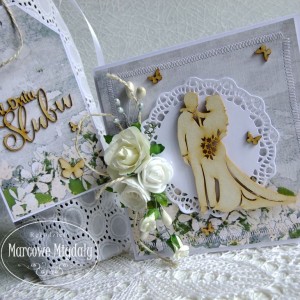 Komplet ślubny z motylami, kartka w pudełku i torebka na alkohol