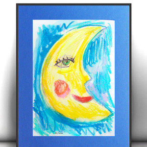 bajkowy obrazek 30x40, rysunek z księżycem, księżyc obraz malowany ręcznie, księżyc grafika do dziecięcego pokoju, akwarela A3