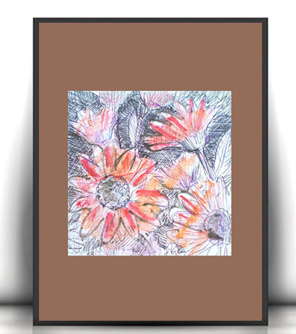 kwiaty obrazek A4, grafika do przedpokoju, rysunek do kuchni, mała grafika z kwiatkami