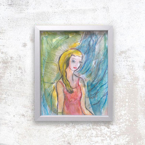dziewczyna obraz w ramce, ręcznie malowany obraz, kobieta akwarela, dekoracja do domu, obraz do salonu, rysunek do sypialni,  prezent na ślub, ślub prezent, komunia prezent, chrzest prezent,
