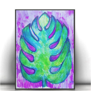 monstera rysunek do domu, boho dekoracja na ścianę, liść obrazek 21x30, mała grafika do salonu, fioletowo zielony rysunek, rośliny obrazek, obraz z  monsterą