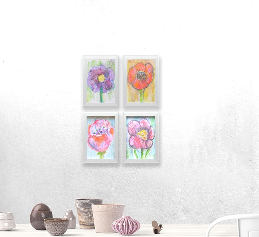 kolorowy obrazek z kwiatkiem, kwiat rysunek w ramce, mały szkic do pokoju, oprawiona akwarela malowana ręcznie
