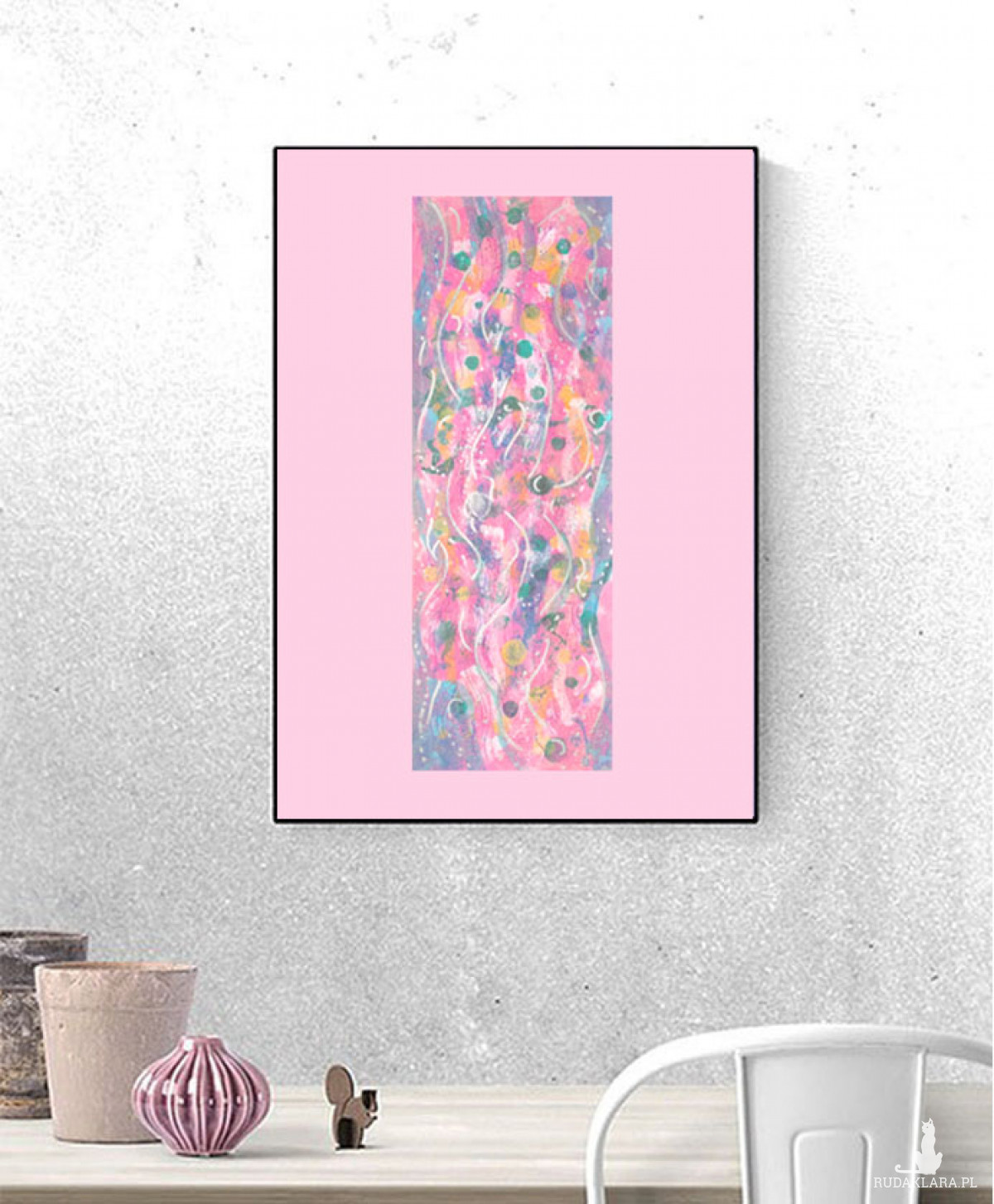 różowa dekoracja na ścianę, abstrakcyjny rysunek do pokoju, minimalizm obrazek 30x40, nowoczesna grafika, różowa abstrakcja malowana ręcznie