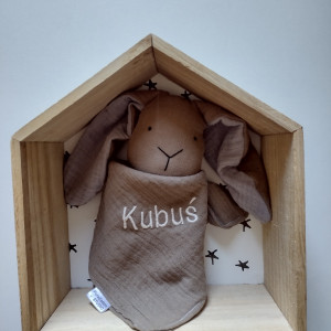 pierwsza przytulanka, króliczek muślinowy, króliś tuliś usypiacz, szmaciany króliczek dla noworodka, szmatka przytulanka, prezent z imieniem, personalizowane zabawki