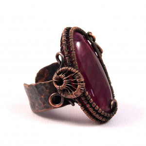 Agat, Miedziany pierścionek z różowym agatem dragon vein, ręcznie wykonany, prezent dla niej prezent dla mamy, prezent urodzinowy biżuteria autorska