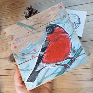 Gil, obraz na drewnie, ręcznie malowany ptak, akrylowy