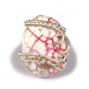 Agat dragon vein, Srebrny regulowany pierścionek z agatem biało czerwono regulowany, prezent dla niej prezent dla mamy, prezent dla kobiety handmade pomysł na prezent