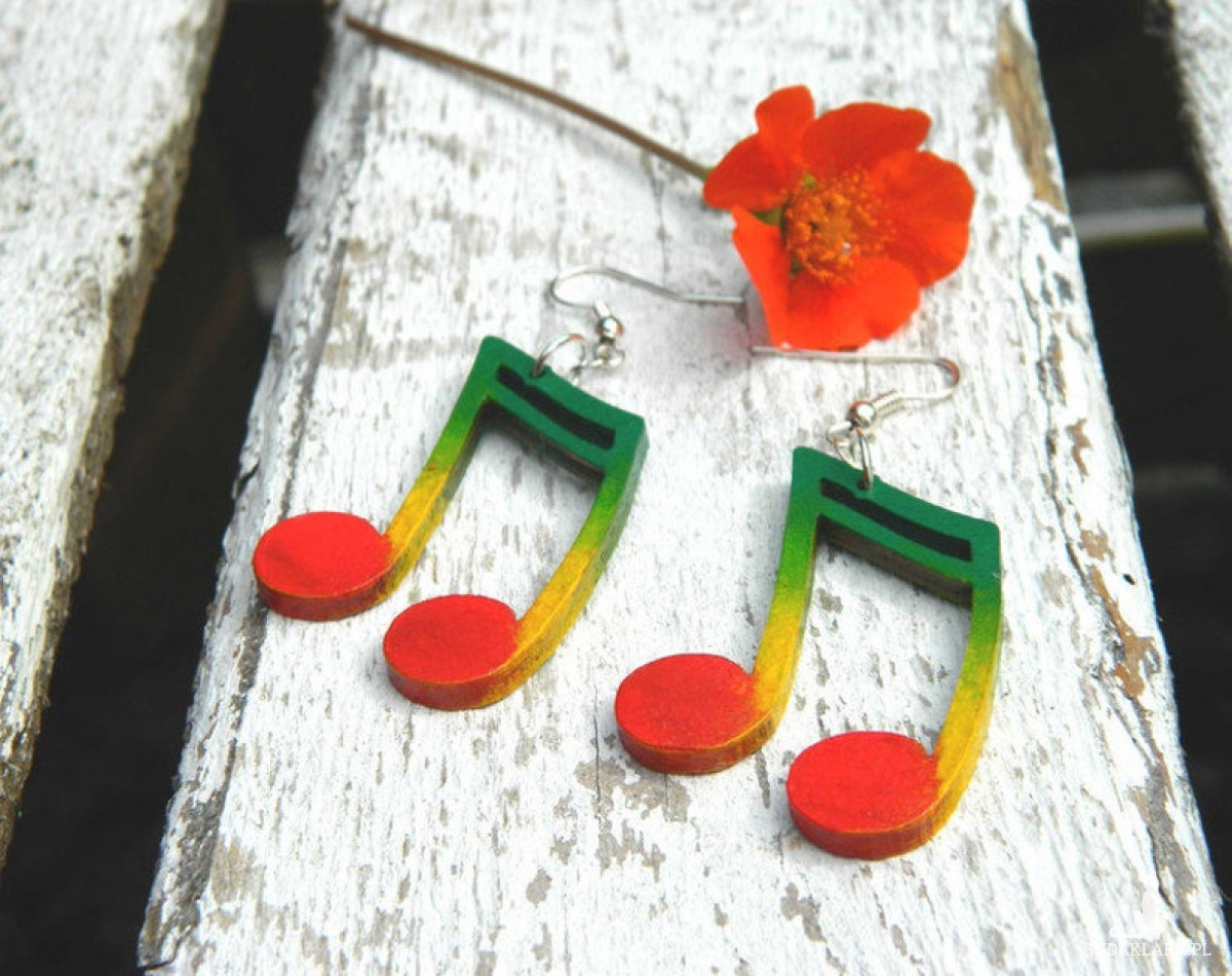 Kolczyki nuty muzyczne, kolorowe nutki, prezent dla muzyka, z nutami, nuta szesnastka, biżuteria dla miłośniczki muzyki, dla melomanki, drewniane kolczyki rasta reggae