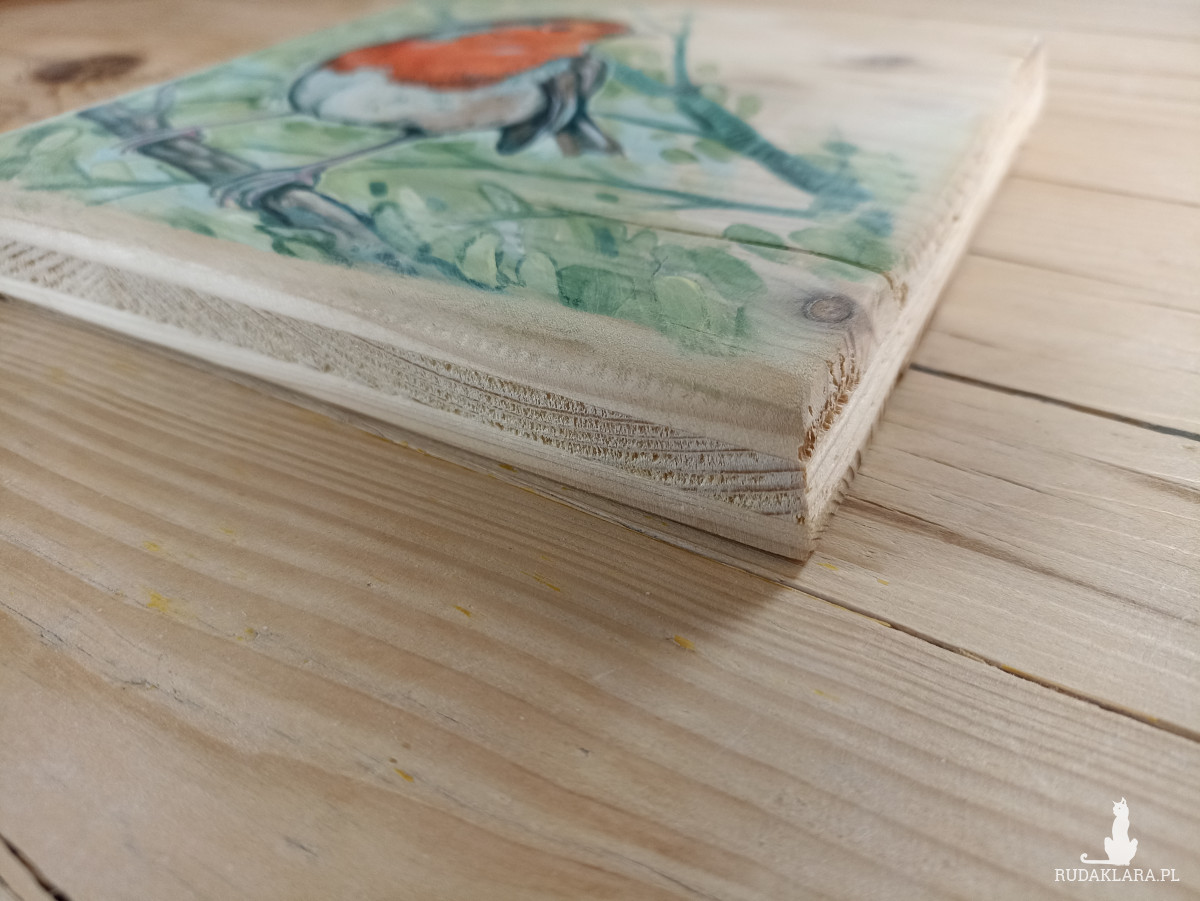 Rudzik, obraz na drewnie, ręcznie malowany ptak, akrylowy